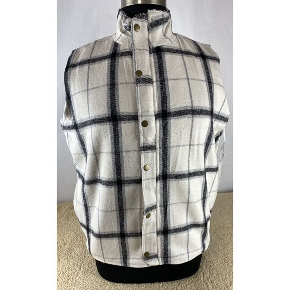 Womens Sz XXL White & Black Plaid Fleece Faux Sherpa Lined Full Zip Vest